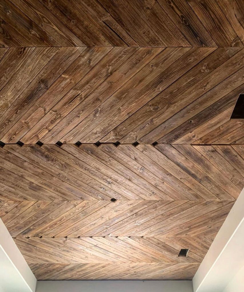 Herringbone Wood Planking for the Ceiling