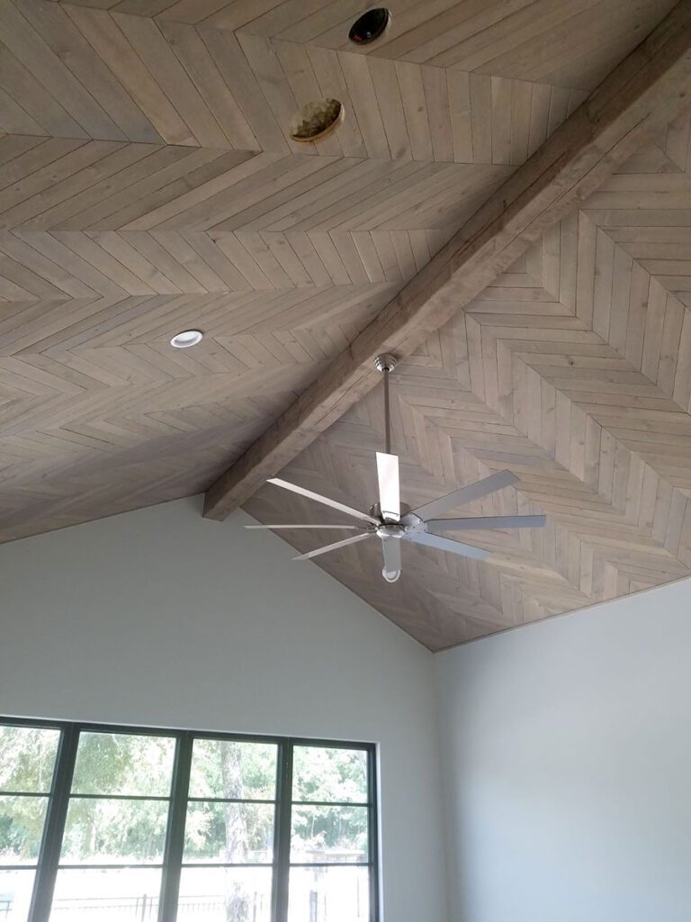 Herringbone Wood Planking for the Ceiling