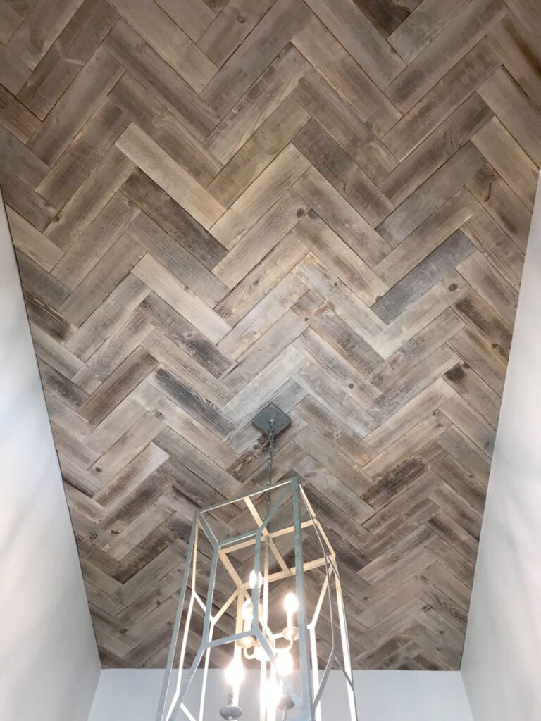 Herringbone Wood Planking for the Ceiling