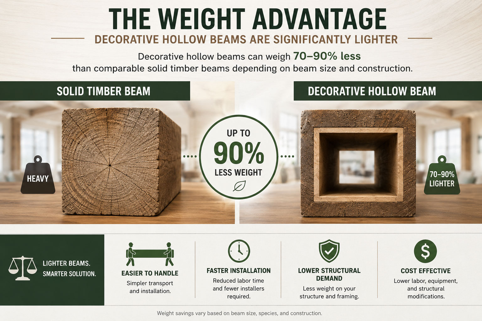 Hollow beams are much lighter than solid wood beams